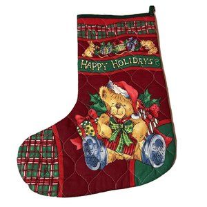 Christmas Stocking Teddy Bear Santa Hat Happy Holidays Red Green Cute